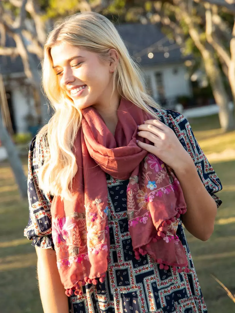 Natural Life Embroidered Pom Pom Scarf SUMMER SHOP 4 Natural Life Embroidered Pom Pom Scarf SUMMER SHOP