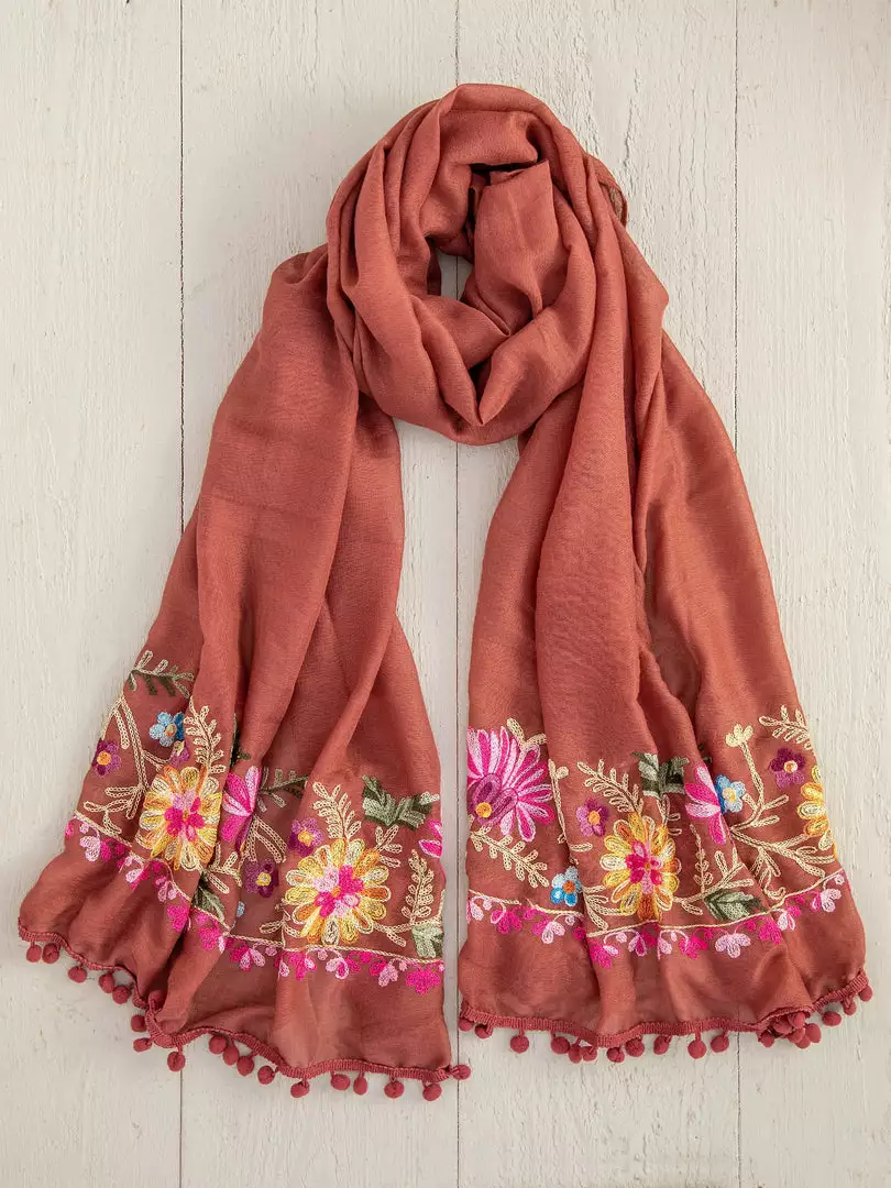 Natural Life Embroidered Pom Pom Scarf SUMMER SHOP 3 Natural Life Embroidered Pom Pom Scarf SUMMER SHOP