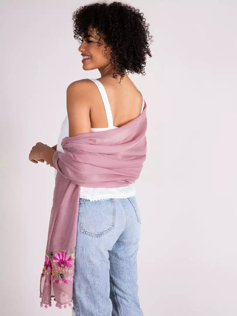 Natural Life Embroidered Pom Pom Scarf SUMMER SHOP 6 Natural Life Embroidered Pom Pom Scarf SUMMER SHOP