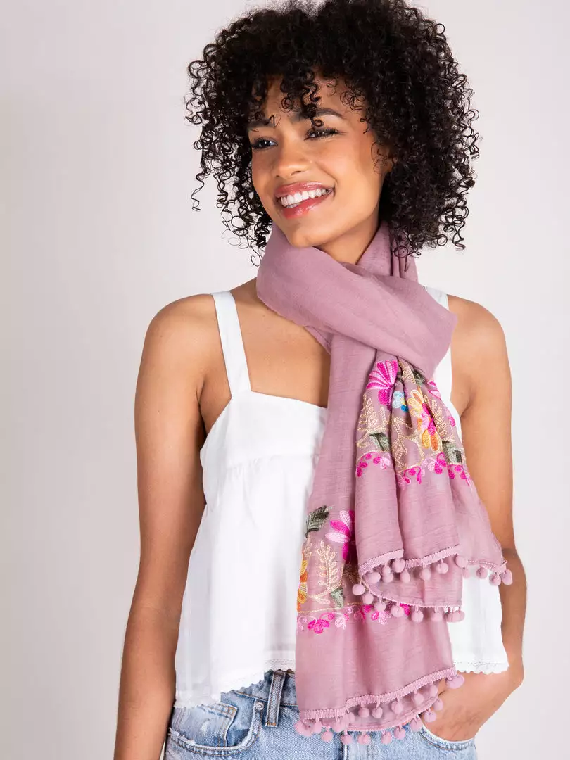 Natural Life Embroidered Pom Pom Scarf SUMMER SHOP 8 Natural Life Embroidered Pom Pom Scarf SUMMER SHOP