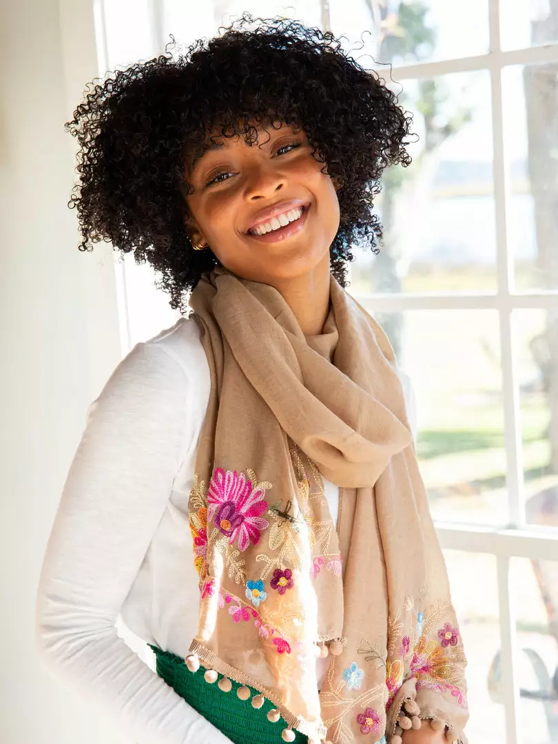 Natural Life Embroidered Pom Pom Scarf SUMMER SHOP 11 Natural Life Embroidered Pom Pom Scarf SUMMER SHOP