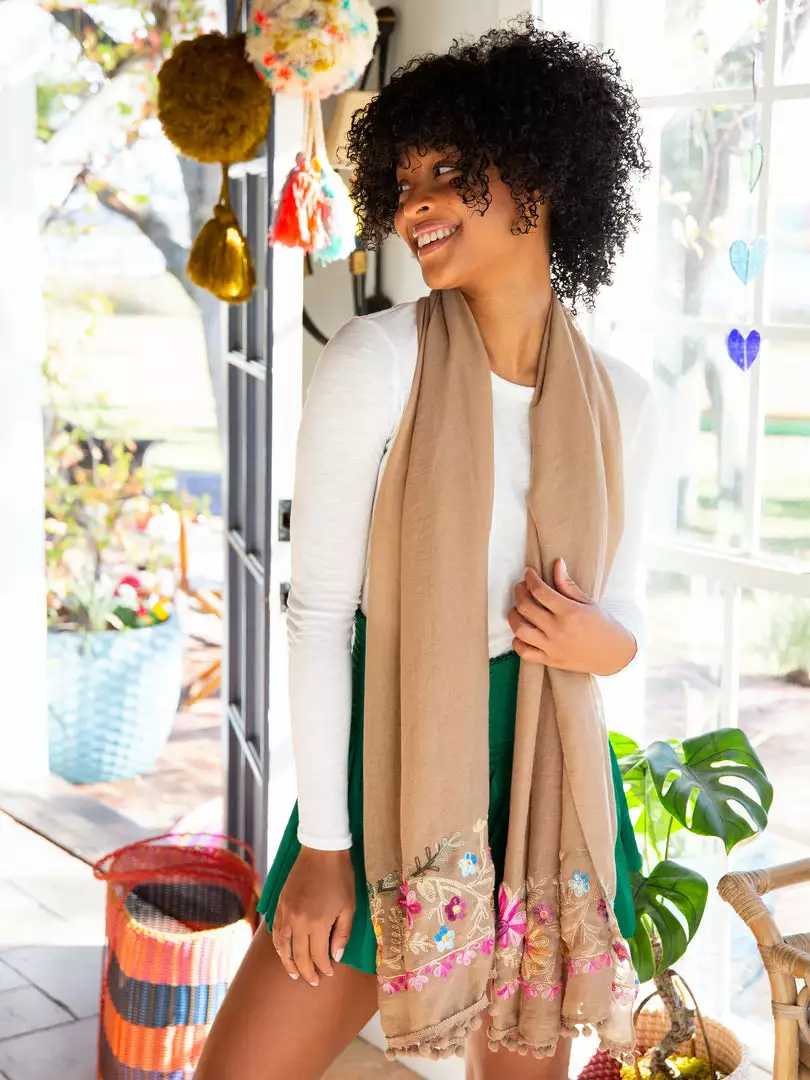 Natural Life Embroidered Pom Pom Scarf SUMMER SHOP 13 Natural Life Embroidered Pom Pom Scarf SUMMER SHOP