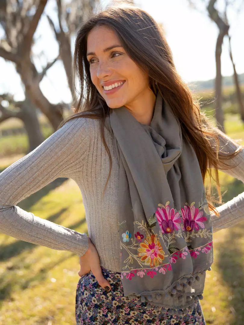 Natural Life Embroidered Pom Pom Scarf SUMMER SHOP 15 Natural Life Embroidered Pom Pom Scarf SUMMER SHOP